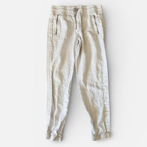 Athleta Cabo Linen Jogger Pants Womens 8 Beige Elastic Waist Zipper Pockets